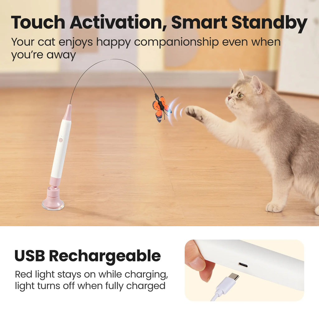 Spinning Butterfly Cat Toy Wand – Rechargeable Electric Touch-Activated Interactive Cat Teaser with Suction Cup, Self-Play & Handheld Modes, Durable Automatic Play for Indoor Kittens and Cats #SummerVibes #petlovers