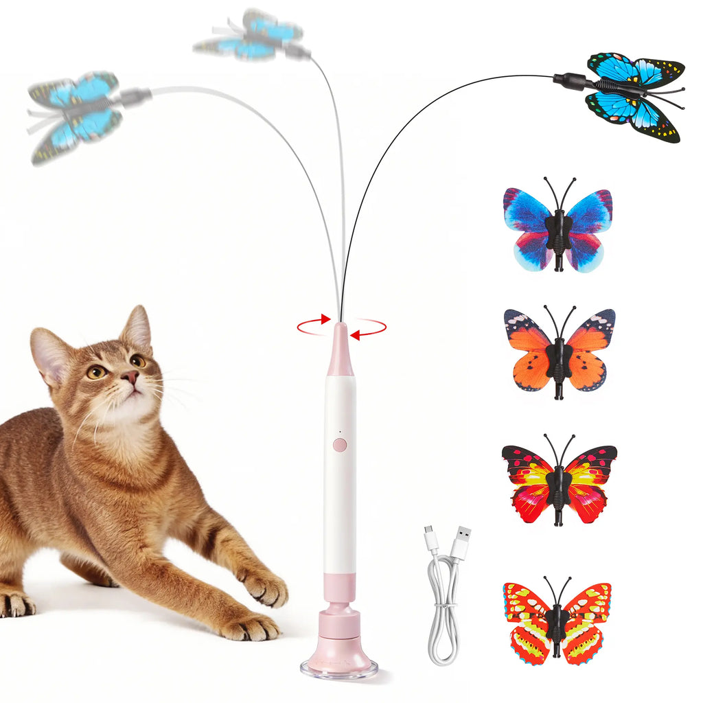 Spinning Butterfly Cat Toy Wand – Rechargeable Electric Touch-Activated Interactive Cat Teaser with Suction Cup, Self-Play & Handheld Modes, Durable Automatic Play for Indoor Kittens and Cats #SummerVibes #petlovers