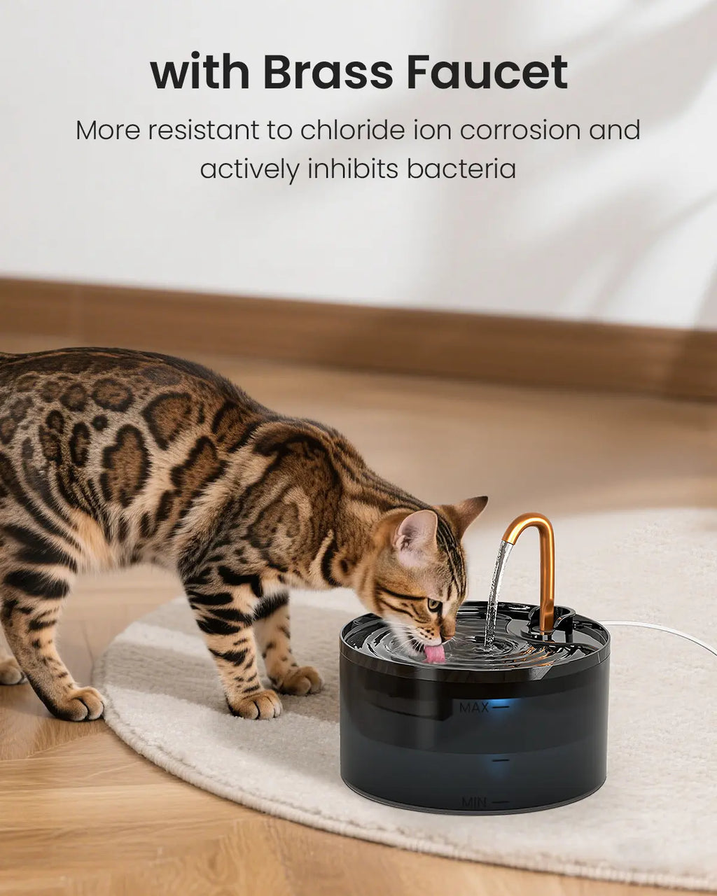 MISFANS Silent Cat Water Fountain 2.1L Pet Water Fountain Ultra-Quiet Copper Spout Night Light 6-Layer Filter Soft Blue LED Automatic Gravity Feeder|Wired plug-in model