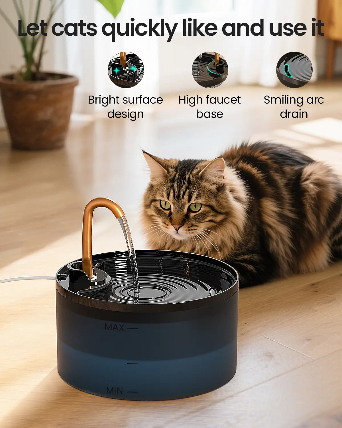 MISFANS Silent Cat Water Fountain 2.1L Pet Water Fountain Ultra-Quiet Copper Spout Night Light 6-Layer Filter Soft Blue LED Automatic Gravity Feeder|Wired plug-in model
