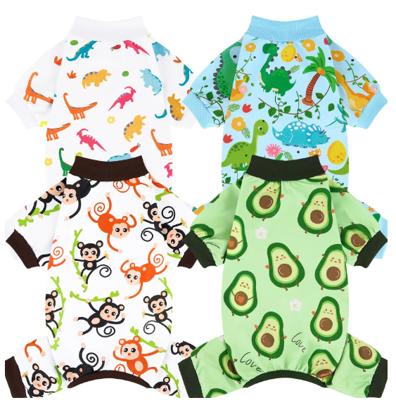 4-Piece Soft Dog & Cat Clothing, Breathable Sleepwear with Playful Avocado, Monkey, Dinosaur Animal Print, Universal-Fit Comfortable Pet Apparel Summervibes Petlovers Costume