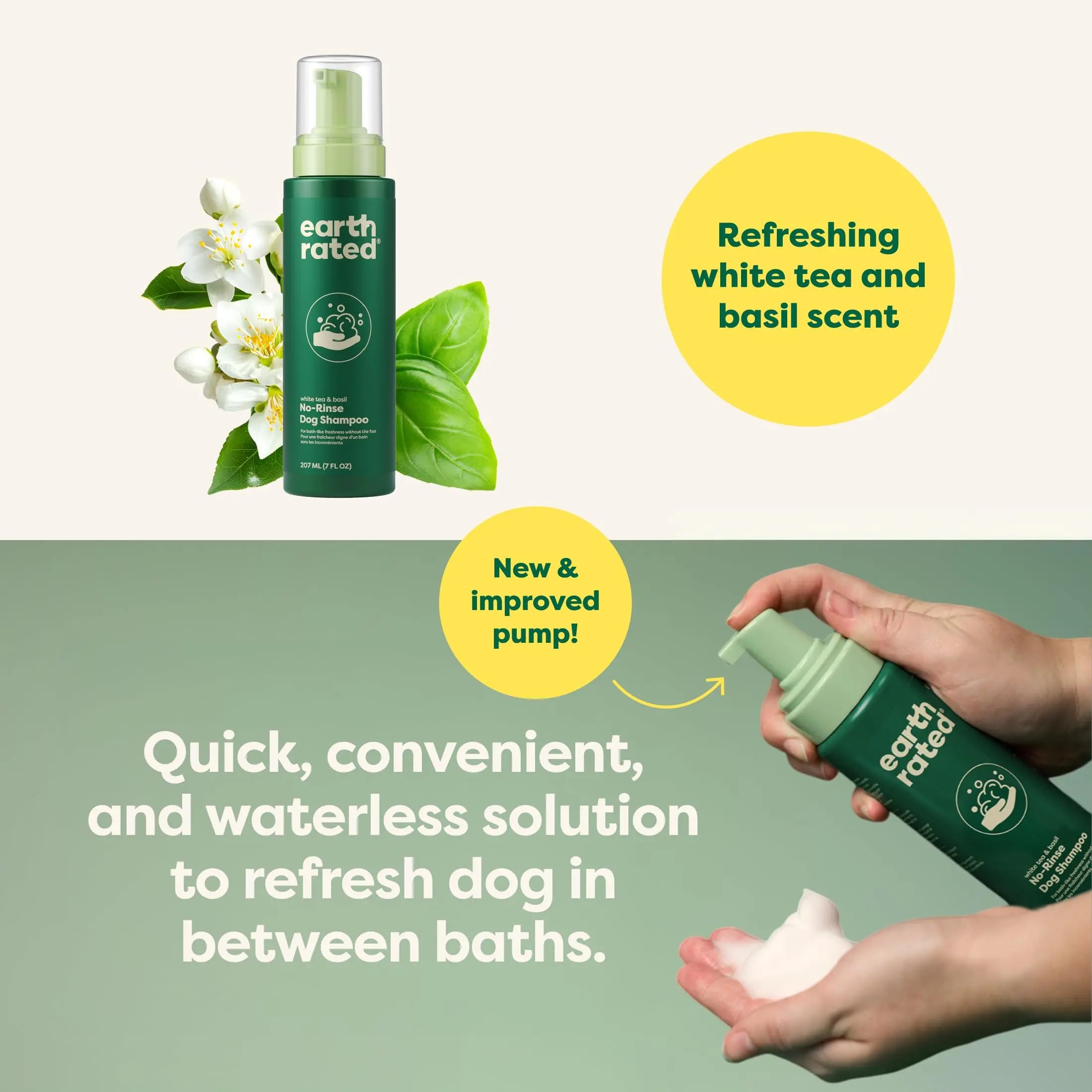 No-Rinse Dog Shampoo 7 oz - White Tea & Basil Scent, Convenient Waterless Formula for All Coat Types, Refreshing Scent Sold by Earth Rated